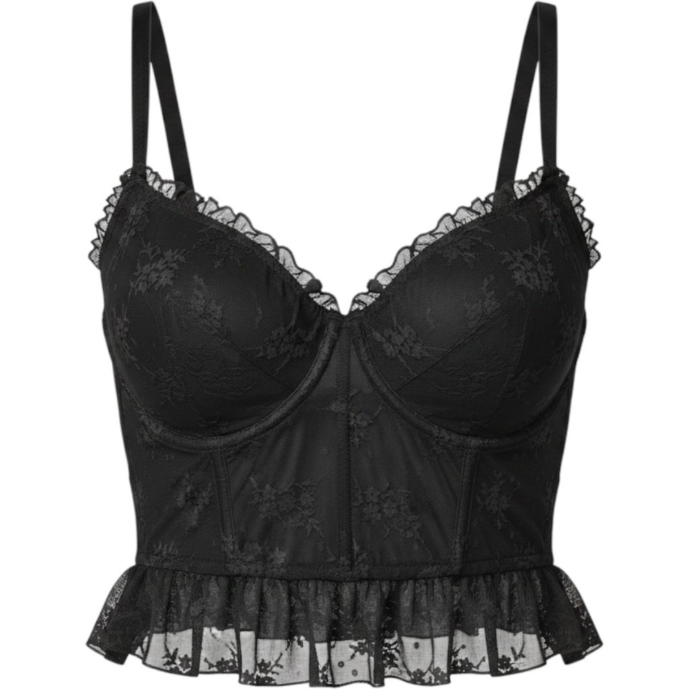 Black Floral Lace Corset Top Underwire Mesh Bustier Ruffle Hem Crop Top XL
